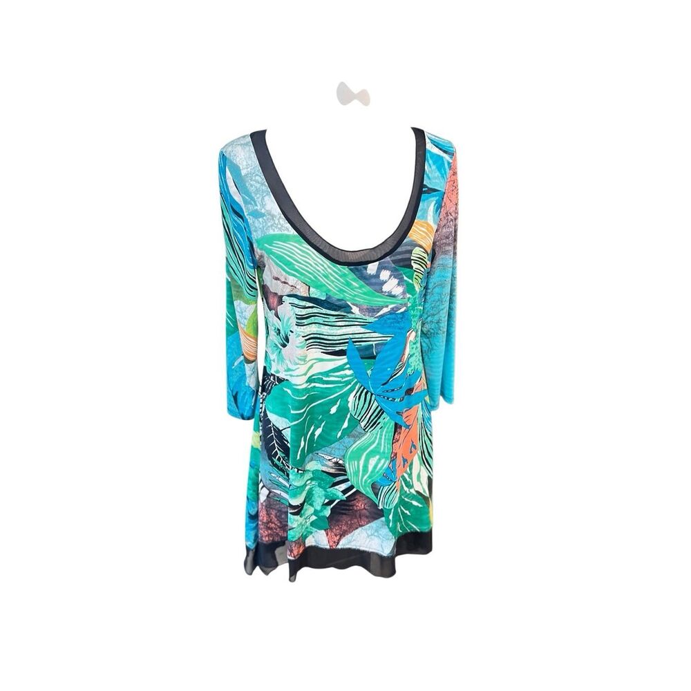 From The Heart Women's Tropical 3/4 Sleeve Scoop Neck Tunic Top Blue Size Medium